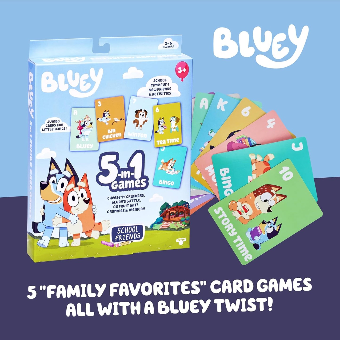 Bluey 5-in-1 Card Game Set, Jumbo-Sized 53-Deck Toddler Game, Multi-Color Interactive Play Card Games for Kids of Ages 3+
