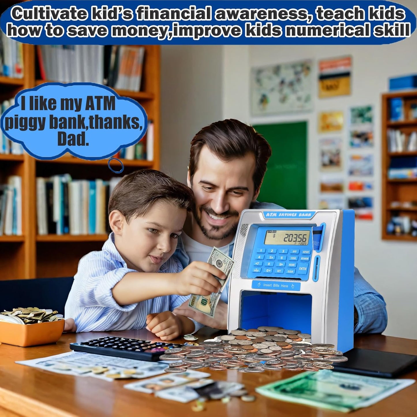 Fishboy Talking Pink ATM Piggy Bank for Kids with Dual Debit Cards, Power-Off Memory, Auto-Opening Drawer for Real Money for Girls, Onekey Shutdown, Bill Feeder, Coin Recognition, Balance Calculator
