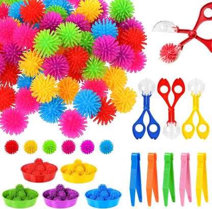85 Pcs Sensory Bin Filler Kit with Tools Fine Motor Skills Set Counting Sorting Training Set with 72 Hedge Balls 5 Tweezers 3 Scissors Clips 5 Cups Learning Activities for Home School