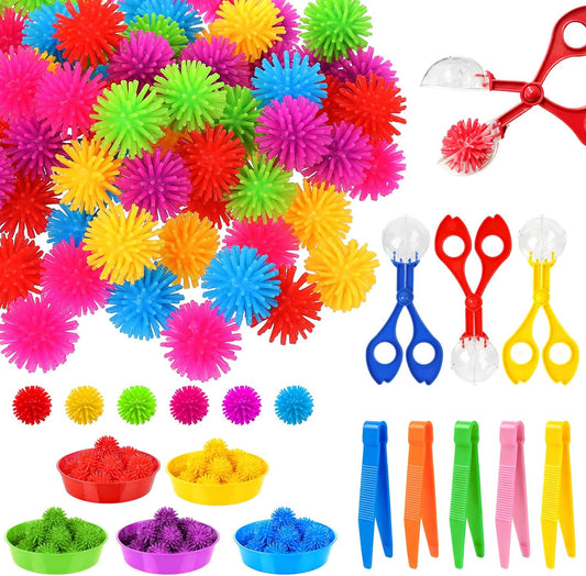 85 Pcs Sensory Bin Filler Kit with Tools Fine Motor Skills Set Counting Sorting Training Set with 72 Hedge Balls 5 Tweezers 3 Scissors Clips 5 Cups Learning Activities for Home School