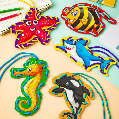 ZAUGONTW 12 Pcs Lacing Cards for Kids, Sea Animals Sewing Cards with 12 Colorful Laces, Thicken Double Sided Lacing Playing Games for Children Developing Imagination Education Supplies