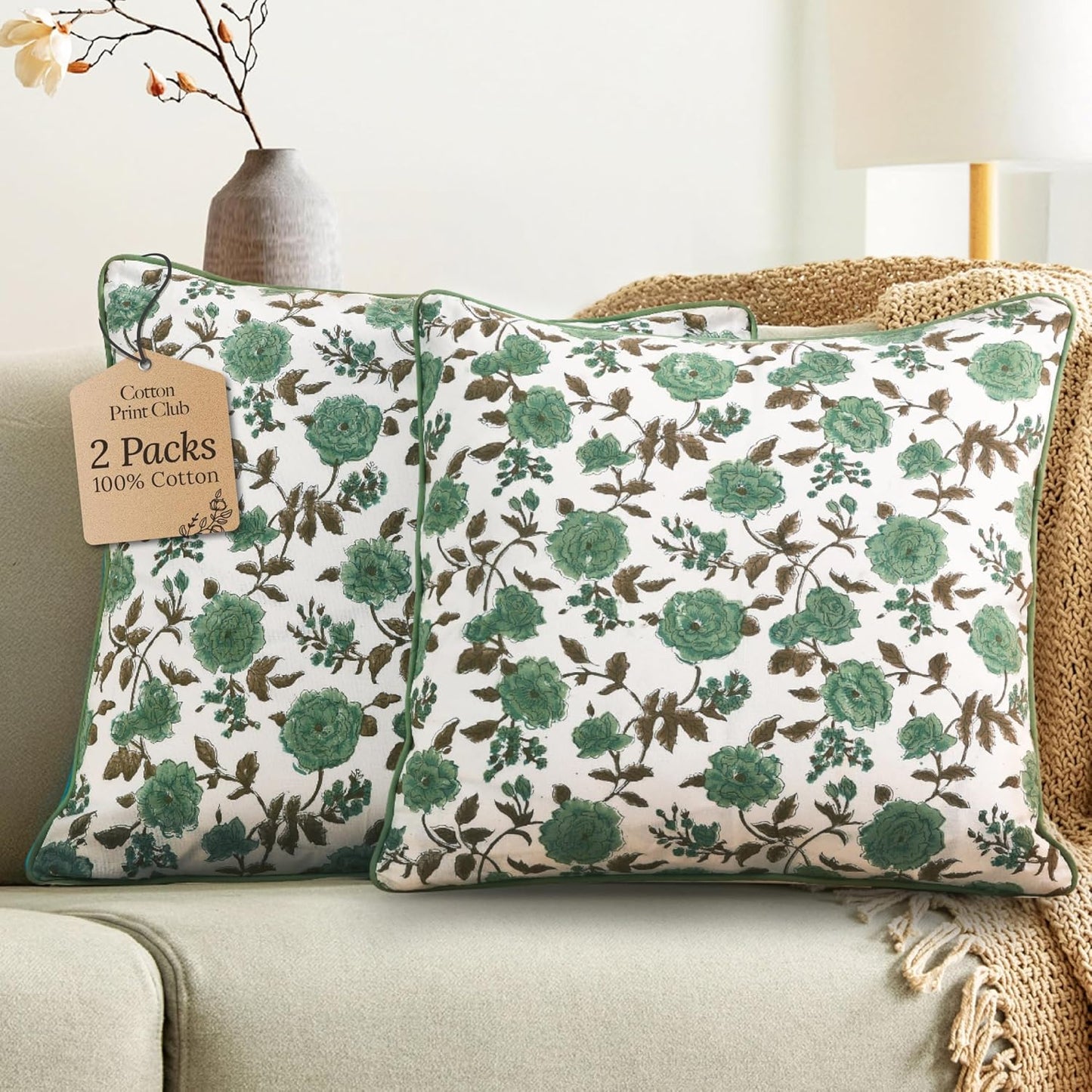 CPC 100% Cotton Throw Pillow Covers 18x18 Inch, Set of 2 Green Block Print Pattern Couch Pillow, Cute Boho Decorative Pillows for Living Room, Bedroom with Hidden Zipper- Agate Green