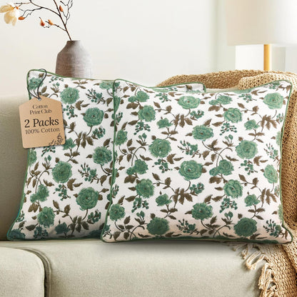 CPC 100% Cotton Throw Pillow Covers 18x18 Inch, Set of 2 Green Block Print Pattern Couch Pillow, Cute Boho Decorative Pillows for Living Room, Bedroom with Hidden Zipper- Agate Green