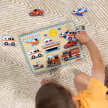 Melissa & Doug Wooden Light-Activated Sound Puzzle 2-Pack for Toddler and Preschool Boys and Girls – Farm Animals, Vehicles