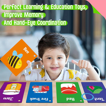 50 PCS Kid First Cognitive Flashcards,Double Sided Printed 7 in 1 Colorful Cards Alphabet,Numbers, Foods,Animals,Shapes,Colors with 3 Reclosable Rings,Learning Tool for Pre-K Kindergarten Toddlers