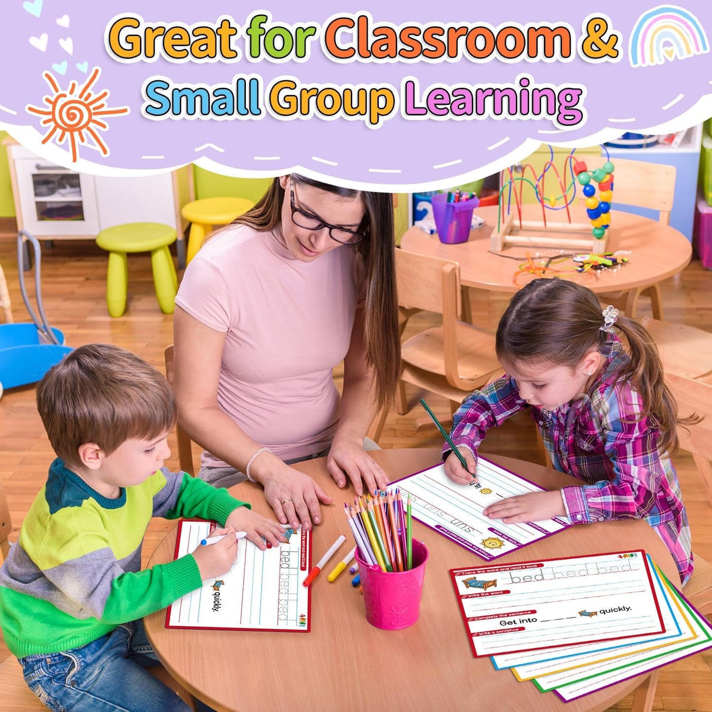 CVC Word Games Sentence Building for Kindergarten Phonics Games for Kids, Sight Words Flash Cards Learn to Write Handwriting Practice Tracing, Preschool Learning Activities Homeschool Supplies