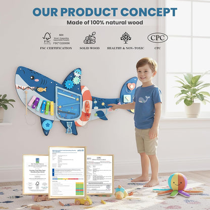 Easyego Shark Wall Busy Board Panels, Montessori Sensory Activity Center - Wooden Educational Toys for Toddlers, Promotes Holistic Development, Holiday/Birthday Gift for Boys & Girls