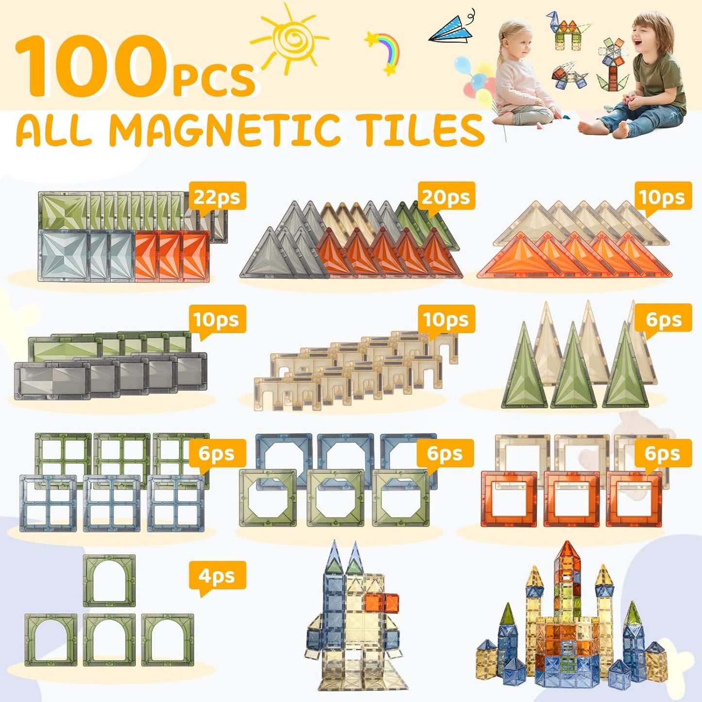 HarworLife 100 PCS Magnetic Tiles, Diamond Magnetic Blocks Building Set Magnet Tiles STEM Toys 3D Kids Preschool Educational Sensory Toys Gift for Toddlers Kids Boys Ages 3 4 5 6 7 8 9+ Year Old