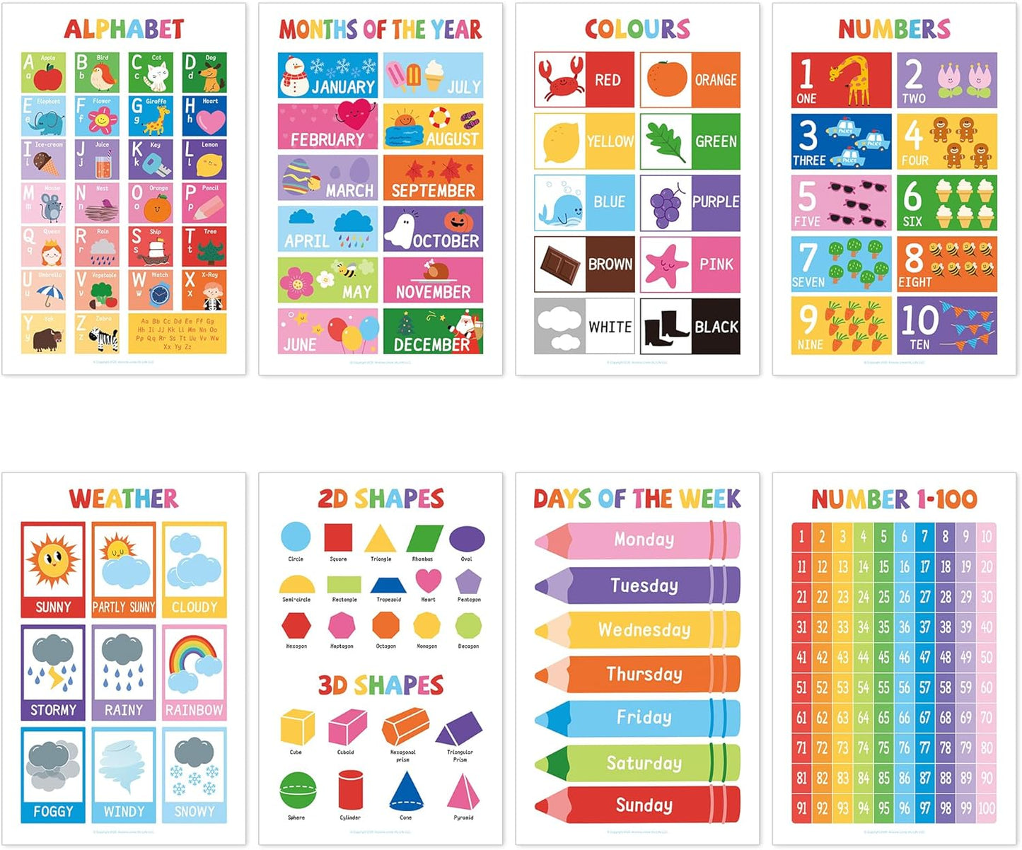 16 Laminated Educational Posters for Toddlers & Kids - Homeschool Supplies & Kindergarten Classrooms - Includes Alphabet ABC, Numbers 1-100, Shapes, Colors, World & USA Map (17x11", Ships Flat)