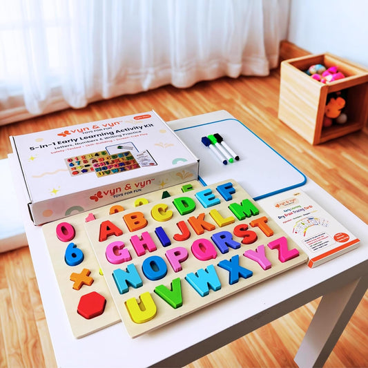 Wooden Puzzles for Toddlers 3-5 | Alphabet Number Shape Montessori Learning Toys | Magnetic Whiteboard, Flashcards & Markers | Preschool Educational 5-in-1 Learning Kit | VYN & VYN (Rainbow)