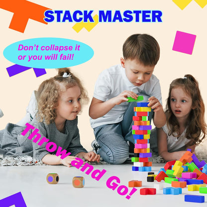 4-in-1 Family Board Games, 120 Pcs Wooden Multi-Level Montessori Toy Fast 3D Shape Pattern Matching Puzzle Stacking Building Blocks Fun Game for Kids Adults Family Night/Party, 1-6 Players Ages 4+