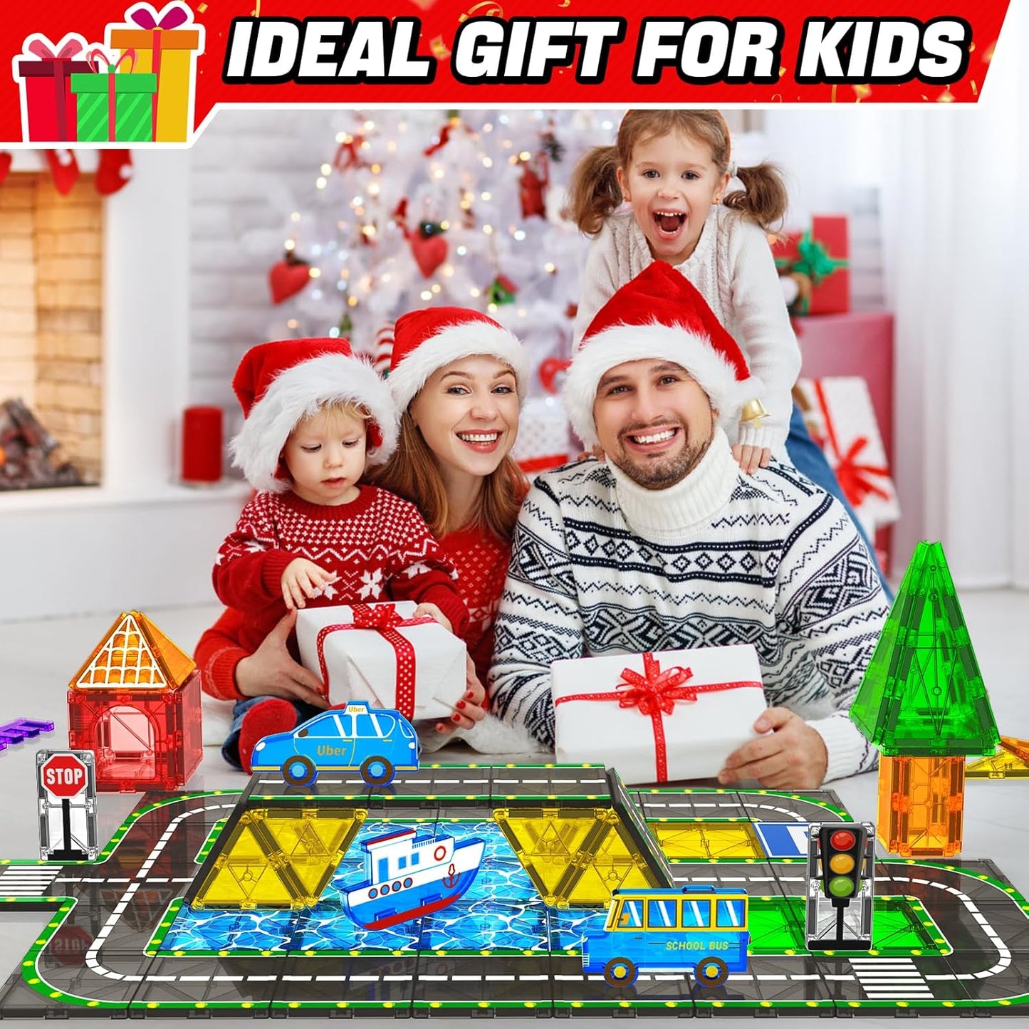 KAEILORU Magnetic Tiles Road Set with Car Magnet Building Tile Toys for Kids Ages 3-5 4-8 5-7 Magnetic Blocks Expansion Pack STEM Construction Valentines Toys Boy Girl Toddler Birthday Gift 42pcs