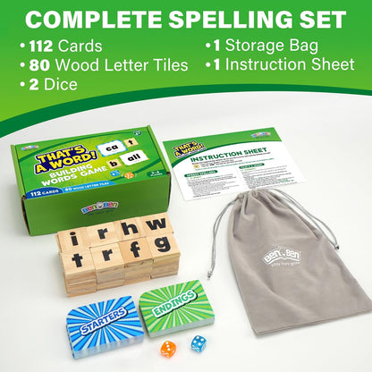 BenBen Family Spelling Games with 112 Flash Cards & Wooden Letter Tiles, CVC Sight Word Building Phonics Game for Kids Ages 4+ & Adults, 1–4 Players, Learning Toys for Home or Classroom