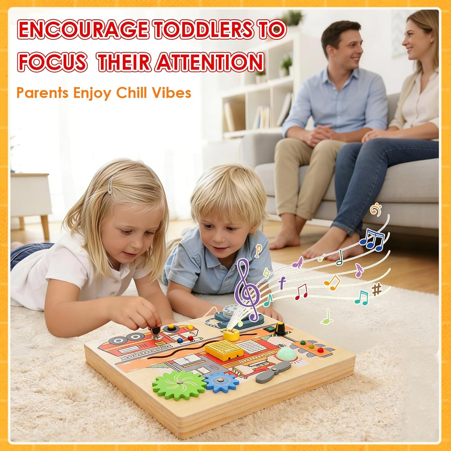 Wdmiya Montessori Busy Board for Toddlers 2-4, Fire Truck Activity Board with LED Lights & Sounds, Wooden Sensory Learning Toy with Rotary Phone, Helicopter & Gears, for 2 3 4 Year Old Boys Girls Gift