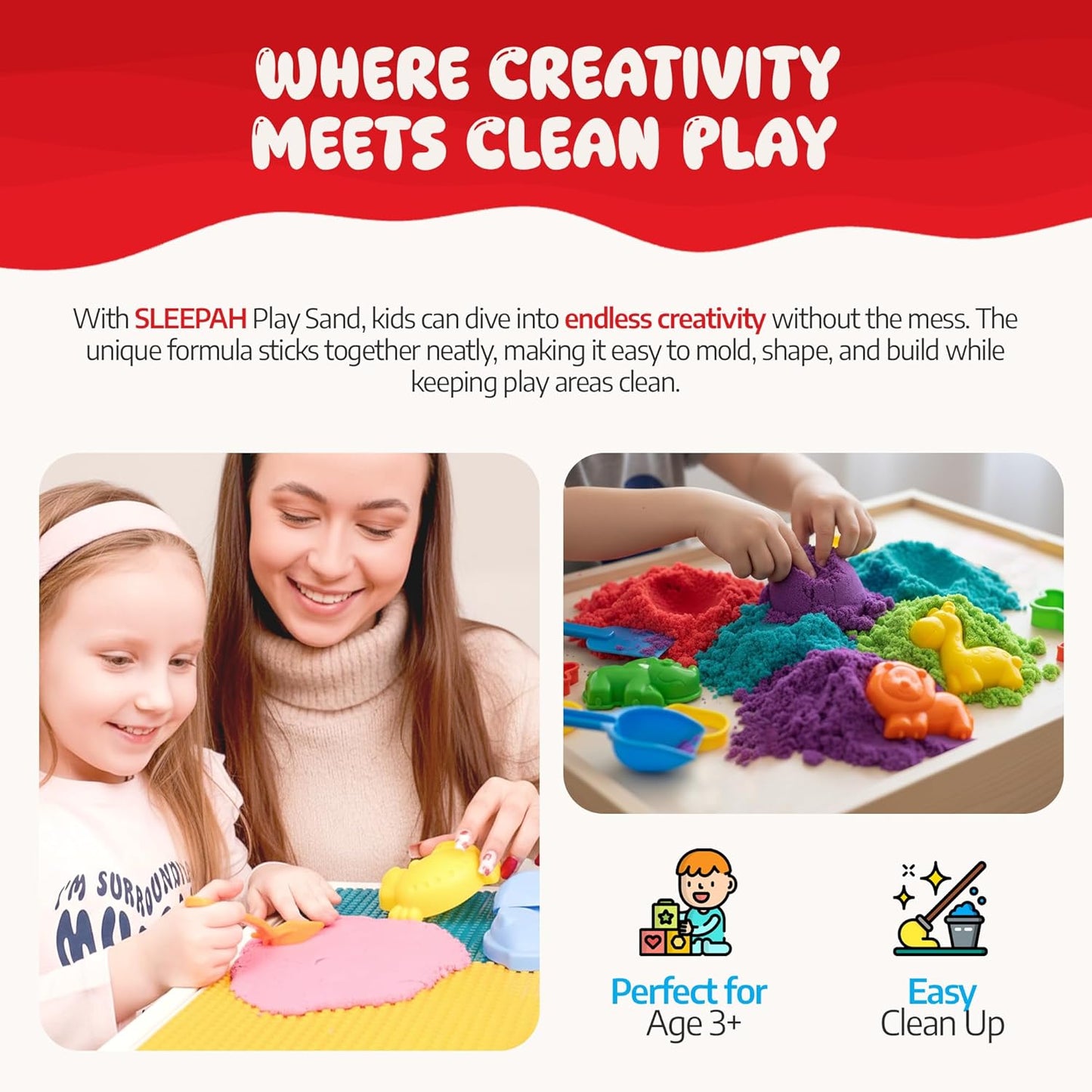 Sleepah Play Sand Sensory Sand Set for Boys & Girls Age 3 4 5 6 7 8 No Mess Never Dries Out Toy Perfect for Shaping Squeezing Scooping Rolling Molding – 36p Set 5 Colors Large Arts & Crafts Set Gift