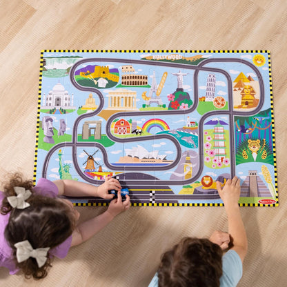 Melissa & Doug Race Around the World Tracks Cardboard Jigsaw Floor Puzzle and Wind-Up Vehicles (48 Pcs) for Preschoolers and Kids Ages 4+