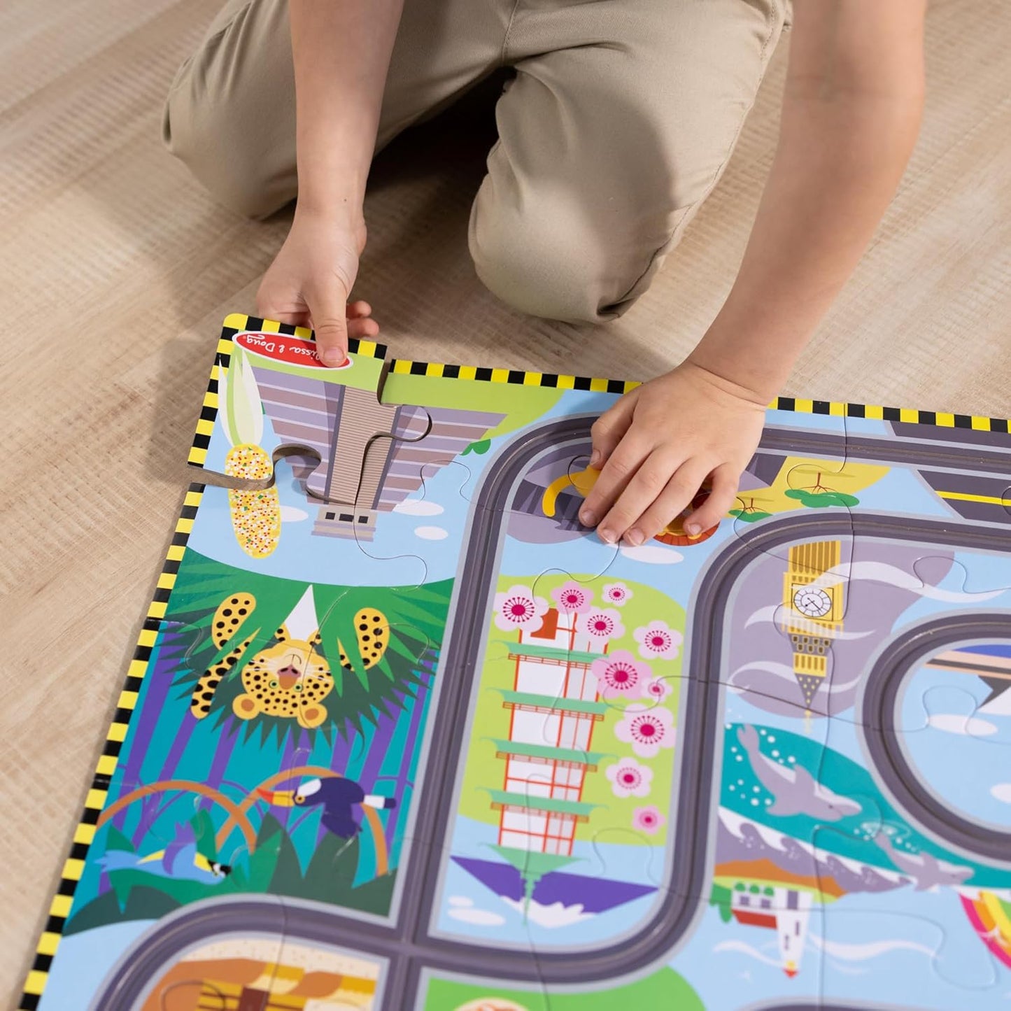 Melissa & Doug Race Around the World Tracks Cardboard Jigsaw Floor Puzzle and Wind-Up Vehicles (48 Pcs) for Preschoolers and Kids Ages 4+