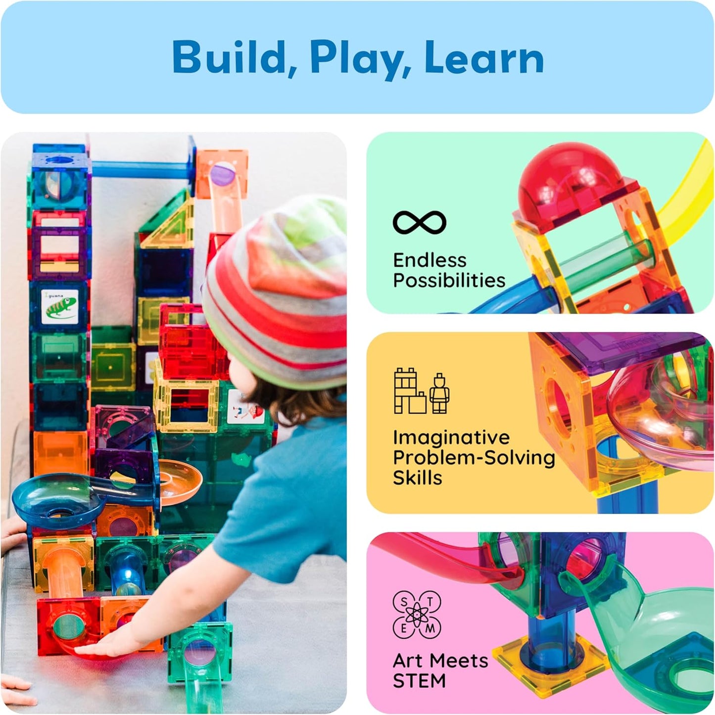 PicassoTiles 70pc Marble Run Magnetic Tiles STEM Set for Kids Ages 3 and Older Magnet Tile Marbles Maze Building Blocks Brain Development Toy Preschool Educational Learning Construction Playset PTG70