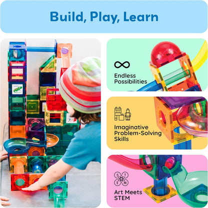 PicassoTiles 70pc Marble Run Magnetic Tiles STEM Set for Kids Ages 3 and Older Magnet Tile Marbles Maze Building Blocks Brain Development Toy Preschool Educational Learning Construction Playset PTG70
