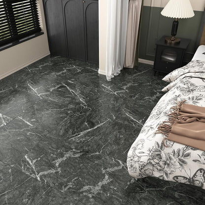 Wallercity White Marble Peel and Stick Vinyl Floor Tiles 6-Pack 12x12 Inches Self Adhesive Waterproof Flooring Planks for Bathroom Kitchen Bedrooms Stick on Floor Tiles Laminate Sheets Vinyl Flooring