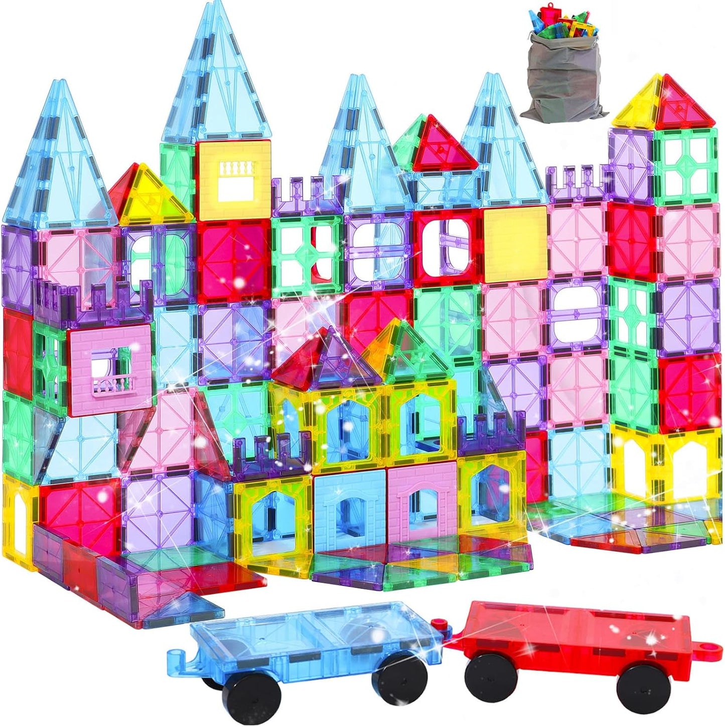 Upgraded Antibacterial Magnetic Tiles - 106 PCS Magnet Building Tiles with 2 Cars for Kids, Inhibits Bacterial Growth for Safe Play, 3D STEM Educational Construction Blocks & Xmas Gift