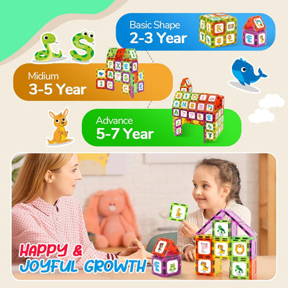 Magnetic Tiles Letters Learning Toys, Animals Alphabet ABC Magnets for Kids 1-3 2-4 3-5, Toddlers Classroom Must Haves Construction Stacking Toys, Teacher Educational Supplies for Preschool Spelling