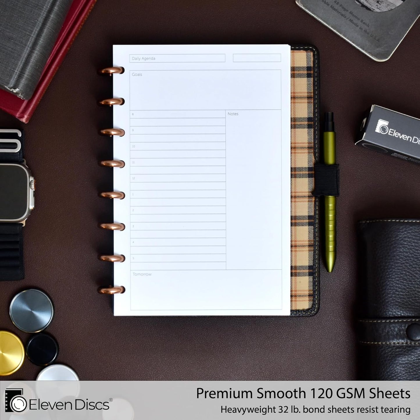 Eleven Discs Discbound Paper, Junior Size Mileage Log Sheets - Premium 120gsm Heavyweight Notebook & Planner Refills - 8 Discs, 5.5 x 8.5 in - Punched for Circa, Arc, TUL (50 Sheets)