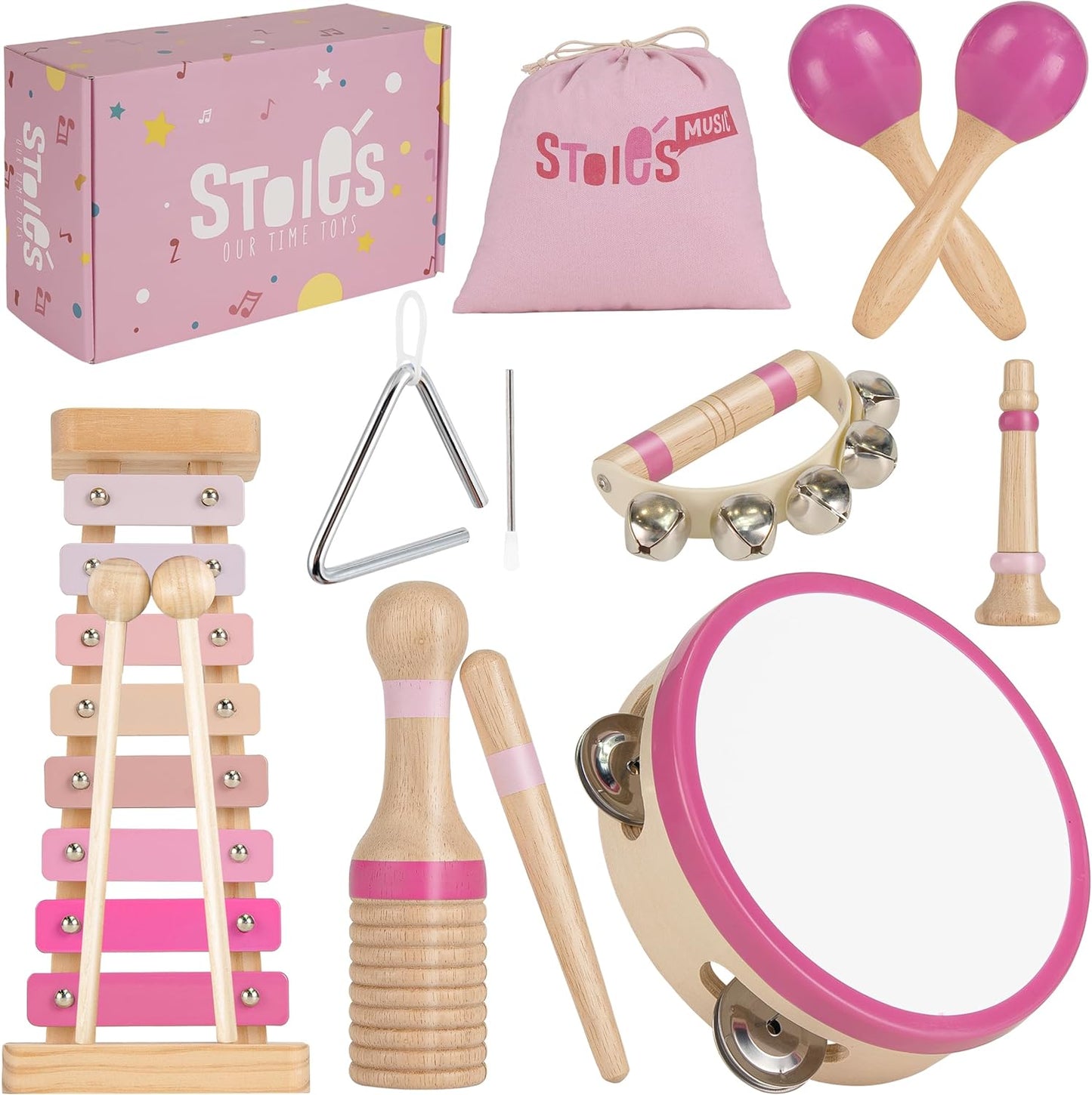 Stoie's Wooden Toddler Musical Instruments with Drum, Hand Bells, Flute, Maracas, Castanet, Tamburine, for Babies and Kids, Eco Friendly Montessori Educational Toy