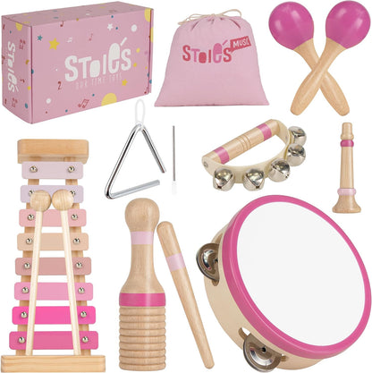 Stoie's Wooden Toddler Musical Instruments with Drum, Hand Bells, Flute, Maracas, Castanet, Tamburine, for Babies and Kids, Eco Friendly Montessori Educational Toy