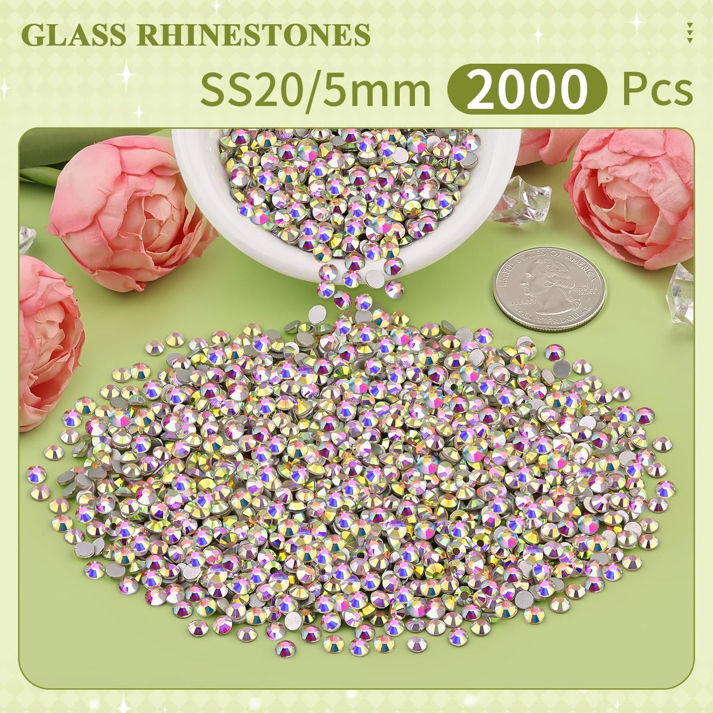5000PCS SS6/2mm Glass Crystal Rhinestones (Clear), Bedazzling Flatback Rhinestones for Crafting DIY Crafts Nail Art Makeup Decoration, Gems Diamond Charms for Tumbler Shoes Clothing Mug