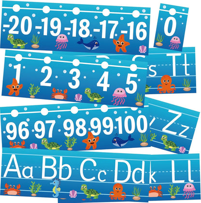 32Pcs A to Z Alphabet and -20-100 Number Cards Boho Bulletin Board Under The Sea Ocean Summer Sunflower Bee Theme Classroom Decorations Math Posters for Wall School Teacher Supplies (Sea Number)