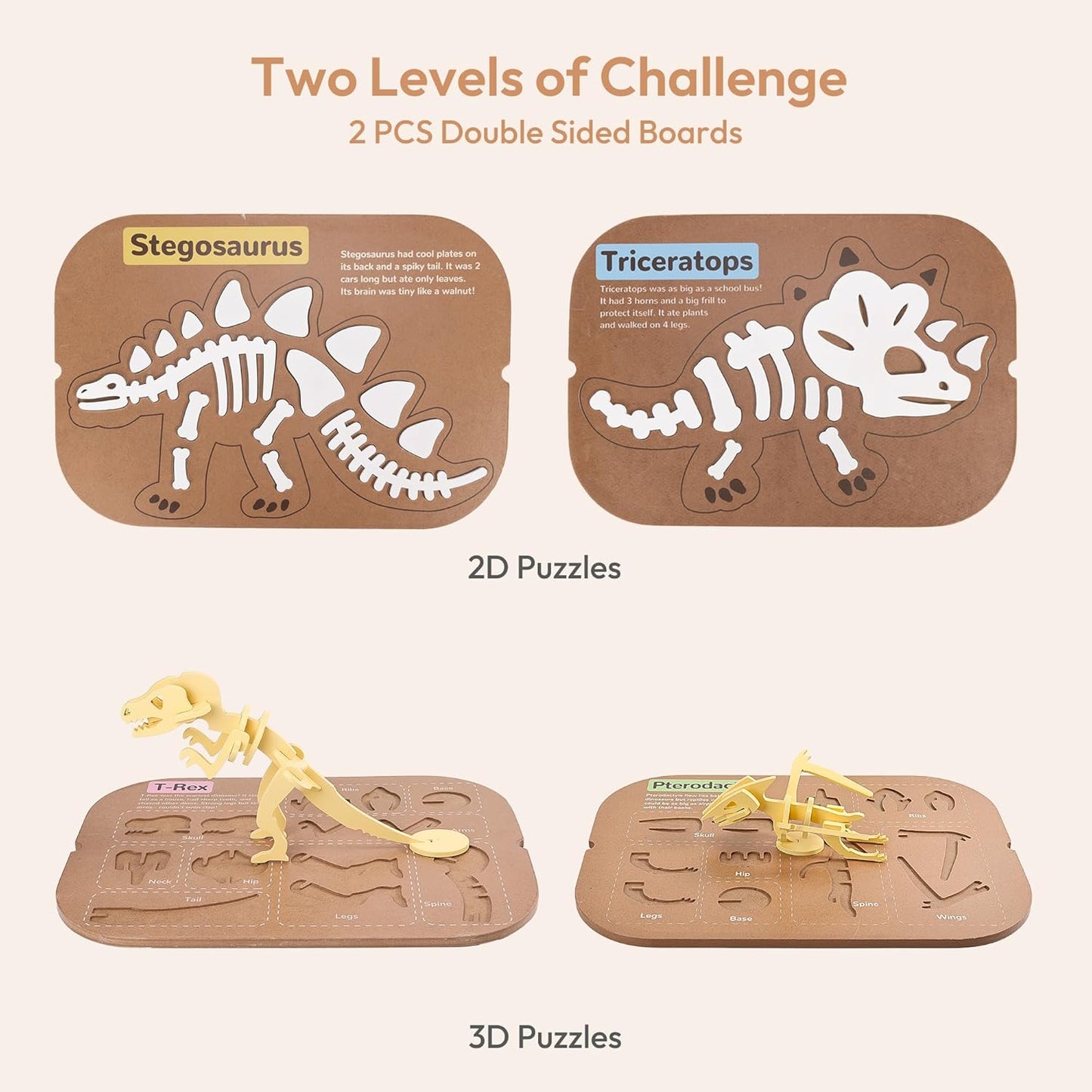 Woodtoe 2 PCS Dinosaur Sensory Table Inserts, Double-Sided Dinosaurs Puzzle for Flisat Trofast, 3D Wooden Dinosaur Puzzle, Sensory Sand & Water Table Accessories, Science Toys STEM Kits for Kid Age 3+