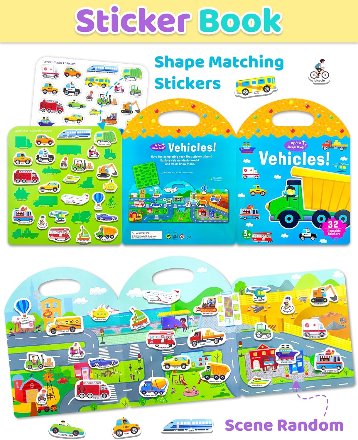 Benresive Reusable Sticker Books for Toddlers, Fun Travel Stickers for Kids, Toddler Sticker Book, Crafts Activities for Toddlers, 3 and Up Birthady Gifts - Vehicle
