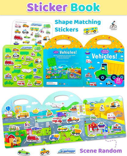 Benresive Reusable Sticker Books for Toddlers, Fun Travel Stickers for Kids, Toddler Sticker Book, Crafts Activities for Toddlers, 3 and Up Birthady Gifts - Vehicle