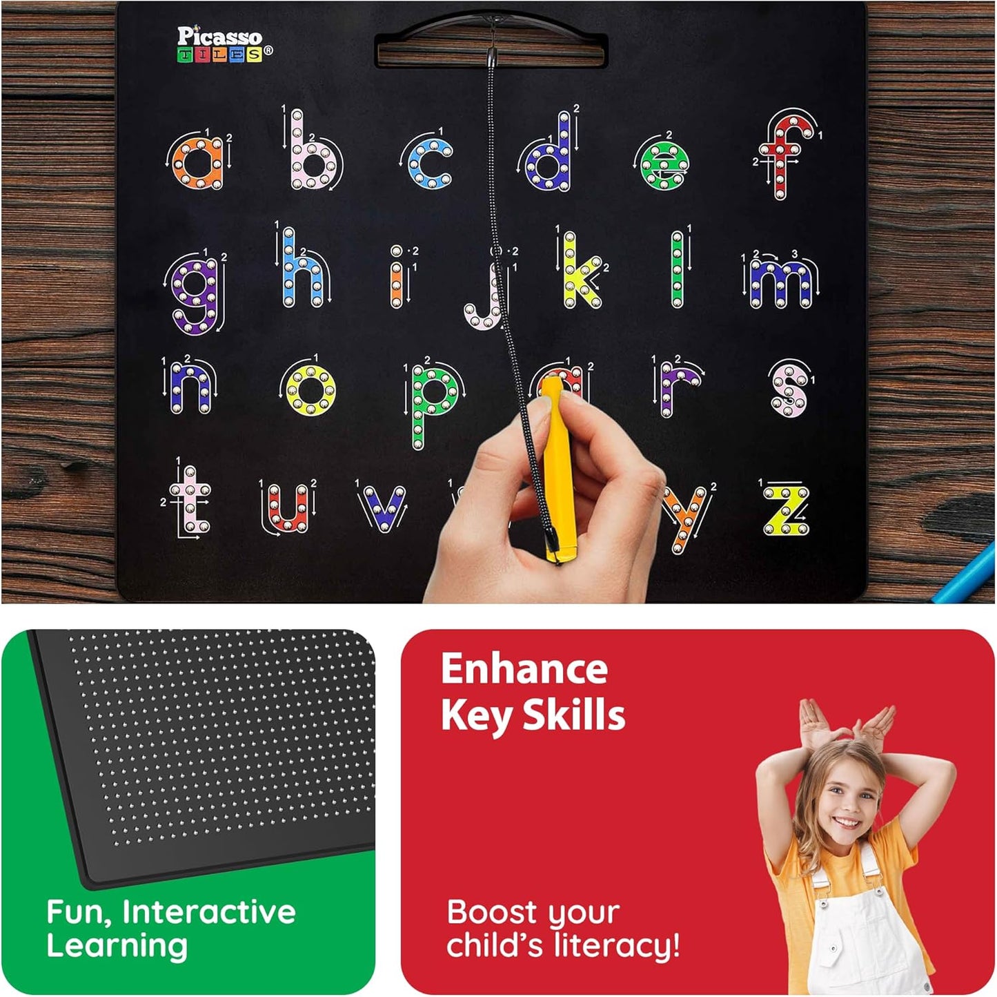 PicassoTiles 2PK 4-in-1 Magnetic Drawing Board 12x10 inch Large Magnet Tablet Pad with 4 Facings Lowercase & Uppercase Alphabets, Numbers, & Freestyle STEM Learning Writing Reading Playboard PTB06