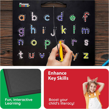 PicassoTiles 2PK 4-in-1 Magnetic Drawing Board 12x10 inch Large Magnet Tablet Pad with 4 Facings Lowercase & Uppercase Alphabets, Numbers, & Freestyle STEM Learning Writing Reading Playboard PTB06