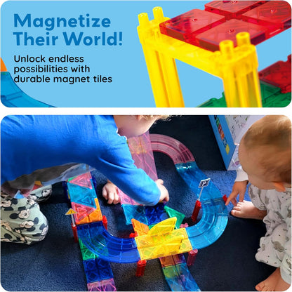 PicassoTiles 121pc Magnetic Tile Race Track Marble Run Magnet Tiles 3-in-1 Playset Car Racing Construction Set STEM Learning Early Education Building Toy Cars for School Toddlers Boys Girls Ages 3+