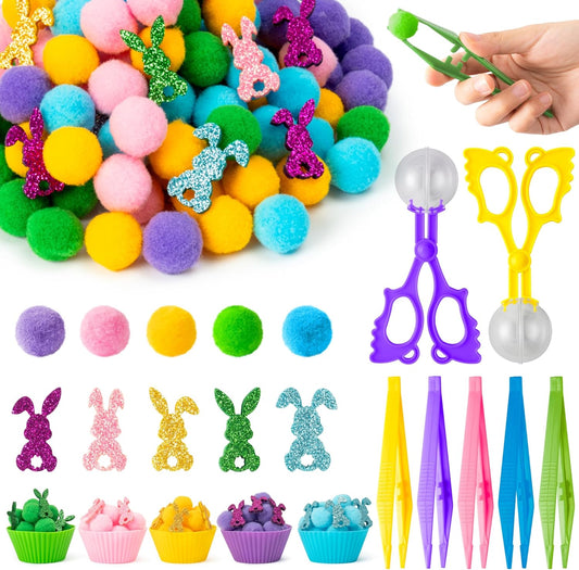 EZdhuawuse Summer Sensory Bin Fillers - 268P Fine Motor Toy Counting Sorting Set for Kid Birthday Easter Gift, Felt Phrases Heart Colorful Pom Poms Cup Clip for Preschool Education Activities