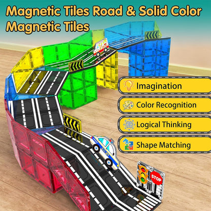 Magnetic Tiles - Road Set, Magnetic Building Blocks, Preschool Montessori Toys Gift for 3+ Year Old Boys and Girls, Sensory Christmas Toys for Kids Aged 3-5 and 4-8, Ideas for Toddler with Autism