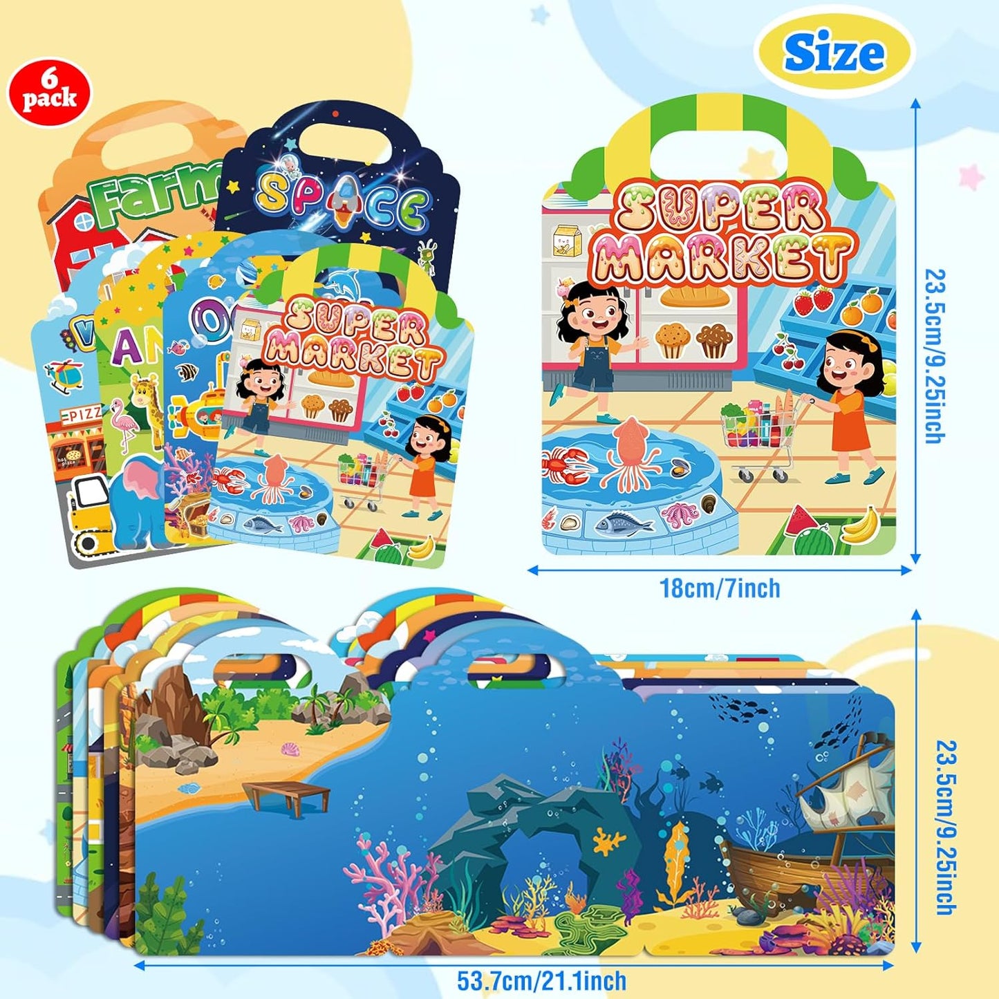 6 Sets Reusable Sticker Book for Toddlers 1-3, Jelly Sticker Books for Childs 1 2 3 Years, Toddler Travel Toys for Ages 1-3 Boys & Girls
