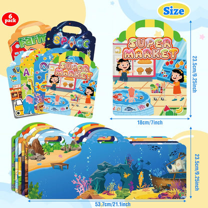 6 Sets Reusable Sticker Book for Toddlers 1-3, Jelly Sticker Books for Childs 1 2 3 Years, Toddler Travel Toys for Ages 1-3 Boys & Girls