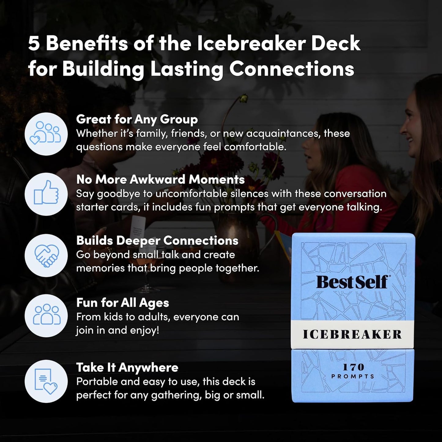 BestSelf Icebreaker Deeper Talk Deck - Conversation Starter Card Pack to Deepen Friendships with 170 Prompts to Create Real Conversations for Friends, Coworkers, Family, Dates