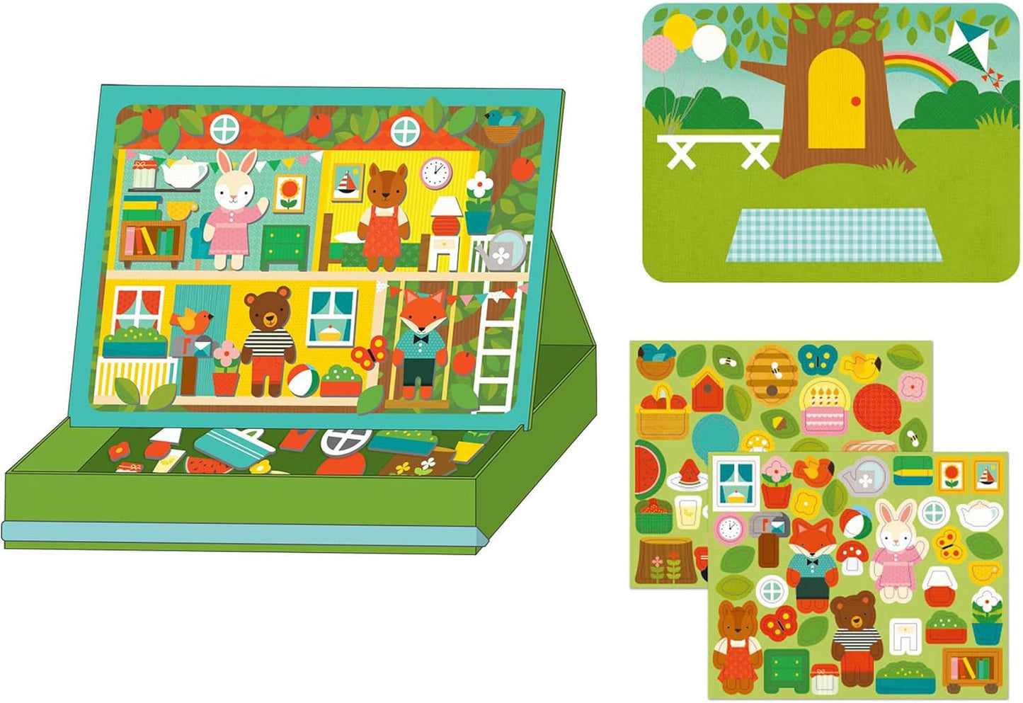 Petit Collage: Animal Friends Magnetic Game Board with Mix & Match, Ideal for Ages 3+, Includes Mag Play Scene Treehouse Party, 74 Count