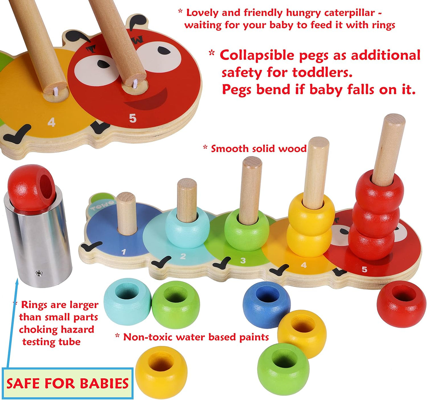 TOWO Wooden Stacking Rings and Counting Games with 45 Rings Number Blocks- Counting Ring Stacker-Wooden Sorting Counting Toy for 3 Years Old Kids Maths Learning Montessori Materials