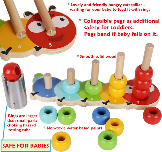 TOWO Wooden Stacking Rings and Counting Games with 45 Rings Number Blocks- Counting Ring Stacker-Wooden Sorting Counting Toy for 3 Years Old Kids Maths Learning Montessori Materials