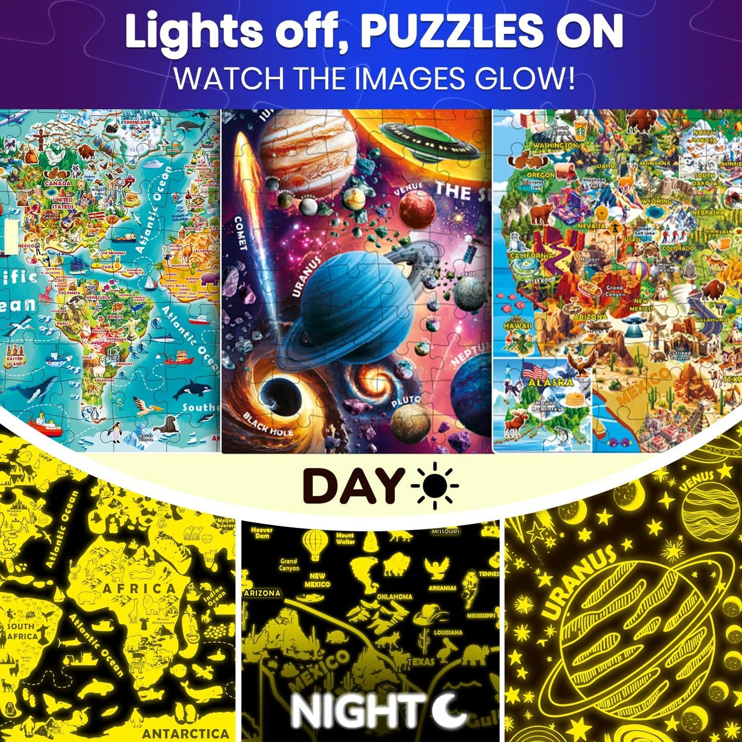QUOKKA 3X Set Learning Board Games for Kids 8-12 - Educational Trivia Cards Ages 6-8 - Travel United States - World Map - Explore Outer Space - Gift for Children and Teens 4-8 - Jigsaw Puzzles