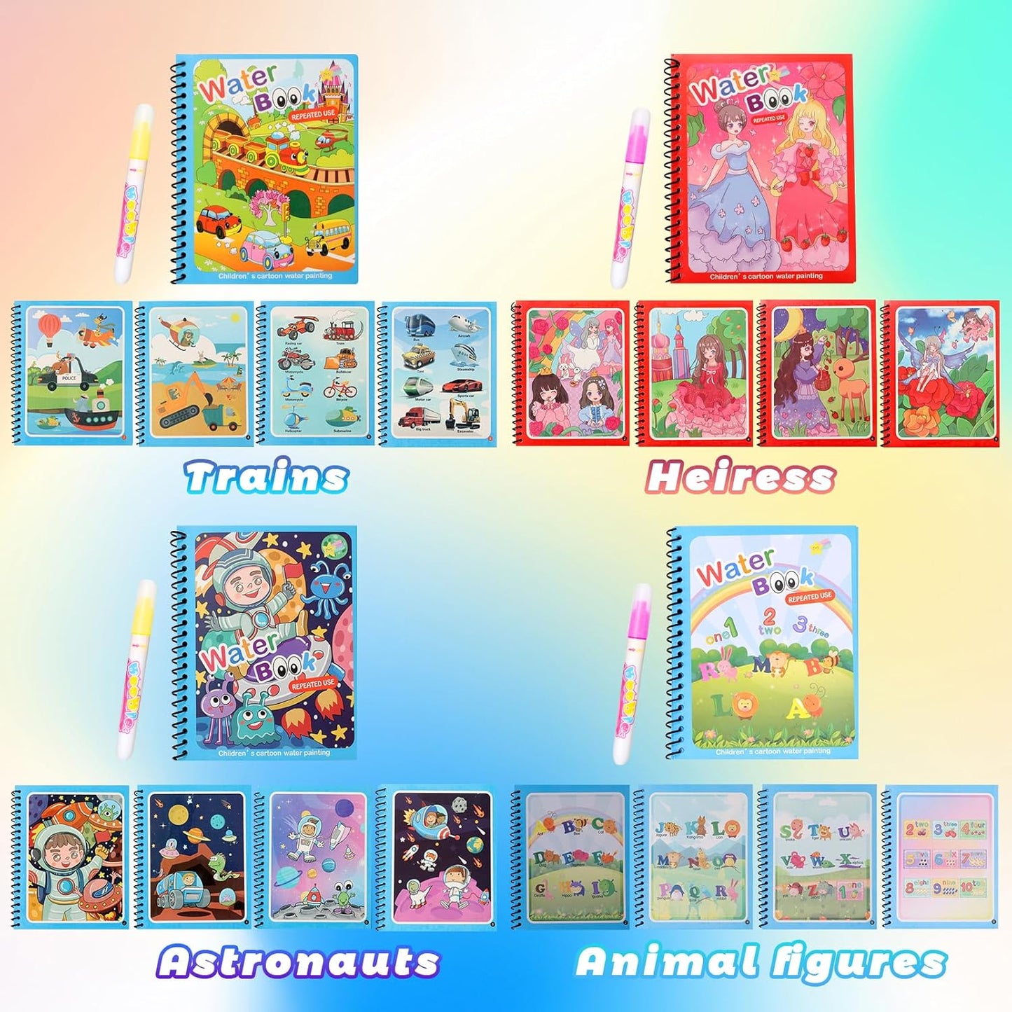 5 Pack Reusable Water Coloring Book for Toddlers, Water Doodle Book Toys, Paint with Water Books,Mess-Free Coloring Book, Portable Educational Doodle Drawing Toy,Educational Learning Kits Gifts