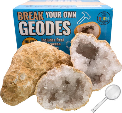 TruEnergy Jumbo Break Your Own Geodes – 2 Massive Natural Crystal Geodes 4.5 to 6.5 Inch, Easy Crack-Open Geology Specimens – Magnifying Glass & Geologist Guide – Gift Ready - [Jumbo]