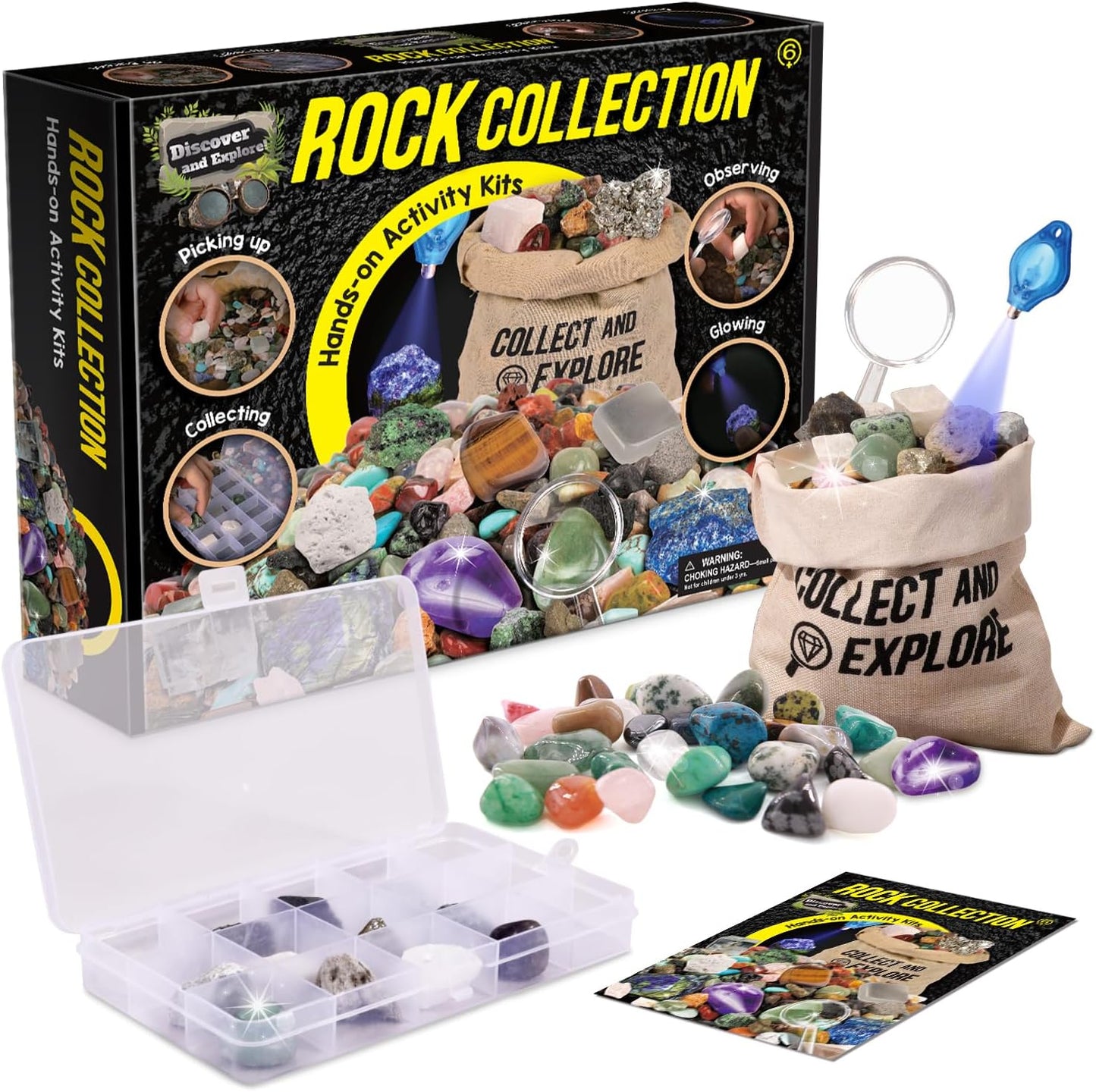 EDUMAN Super Rock Multi Activity Kit - 24 Genuine Rock Specimens, Geode Making & Crystal Growing STEM Science Toy for Kids Ages 8+ - Includes UV Light, Magnifying Glass & Darkroom Observation Box