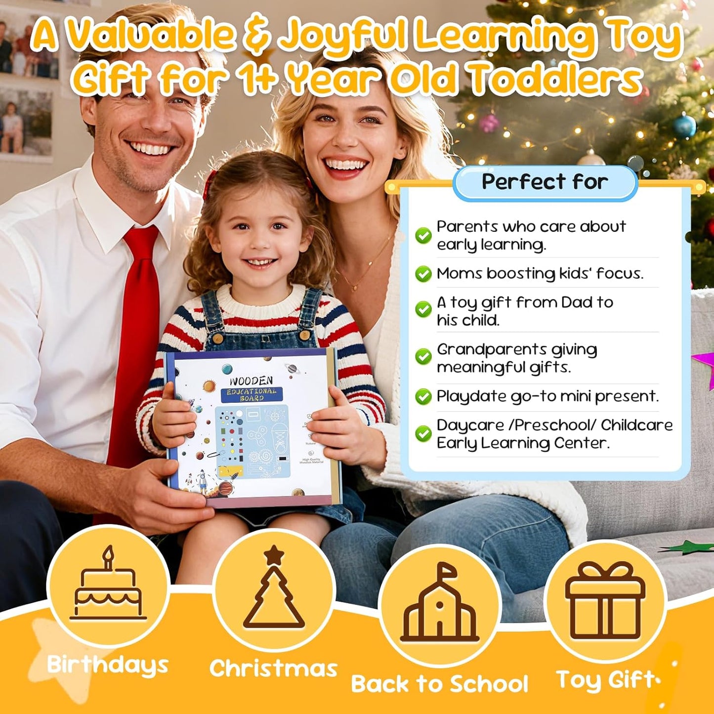 Wooden Busy Board with LED Light，Montessori Baby Learning Toys for Toddlers , Sensory Activity Board , Travel Educational Toy Boy & Girl Birthday Gift (Black Handle)